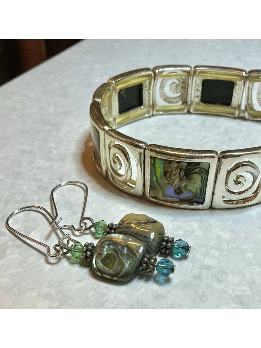Vintage Silver Tone Metal Abalone Stretch Panel Bracelet & Abalone Earrings
